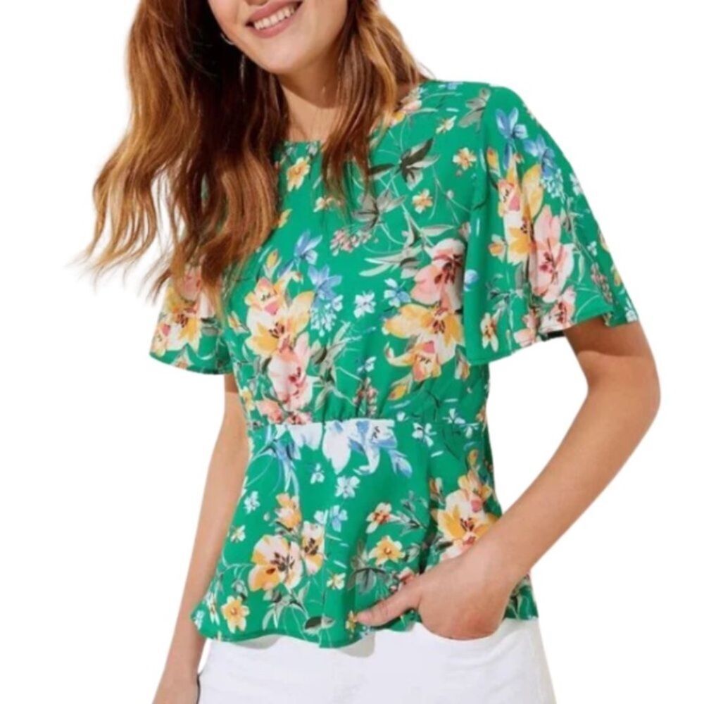 Loft Floral Peplum Top Round Neck Short Sleeves Green Women's Size 6 - Picture 2 of 13